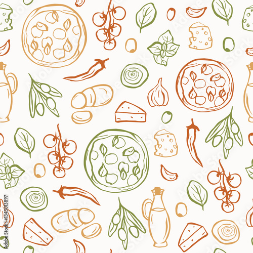 Hand drawn doodle pizza ingredients background	