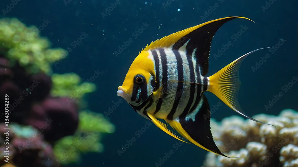 Fototapeta premium Swimming Yellow Angelfish with Black Stripes in a Coral Reef Setting