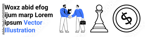 Two professionals shaking hands, chess pawn as a strategy icon, and dollar coin symbolizing financial growth. Ideal for business, partnership, strategy, negotiation, investments, teamwork abstract