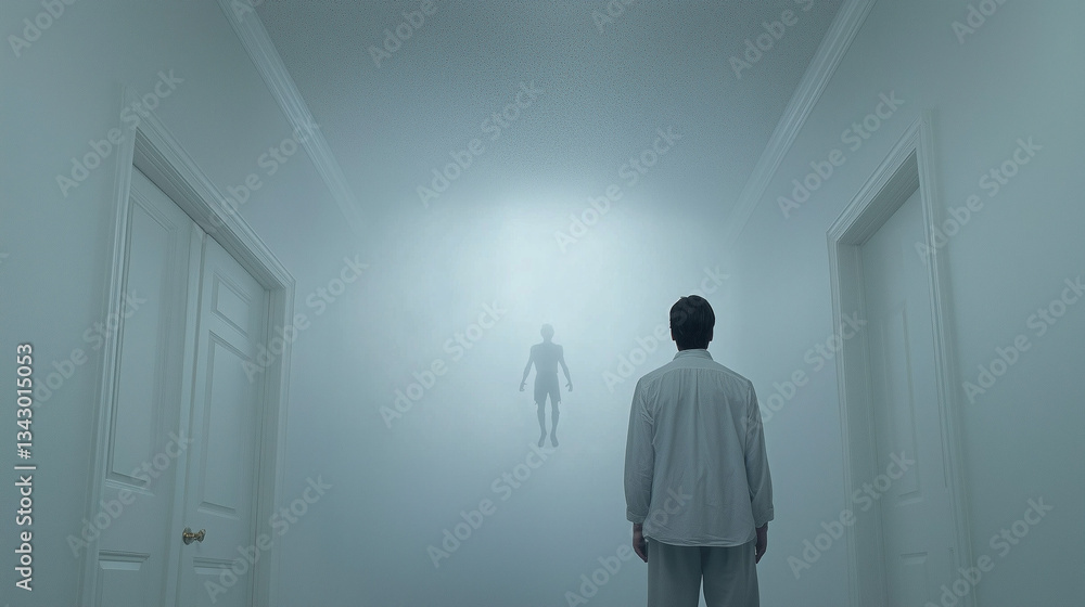 Navigating the Ethereal Corridor: A solitary figure stands in a stark hallway, their gaze fixed upon an apparition, enveloped in an otherworldly mist, prompting an emotional reaction in the observer. Navigating the Ethereal Corridor: A solitary figure stands in a stark hallway, their gaze fixed upon an apparition, enveloped in an otherworldly mist, prompting an emotional reaction in the observer.