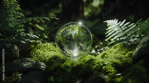 Crystal ball with fern reflection resting on vibrant moss in a lush green forest.