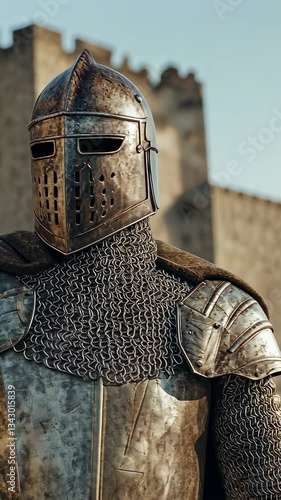Medieval armored knight in chainmail and helmet posing in historical castle setting