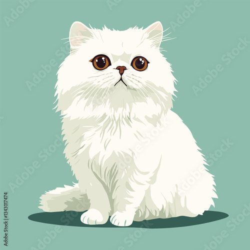 Cute white color Persian cat, flat illustration style, simple design, vector graphic, pastel-colored background, simple lines, white fur with brown eyes, sitting posture, full-body portrait. 
