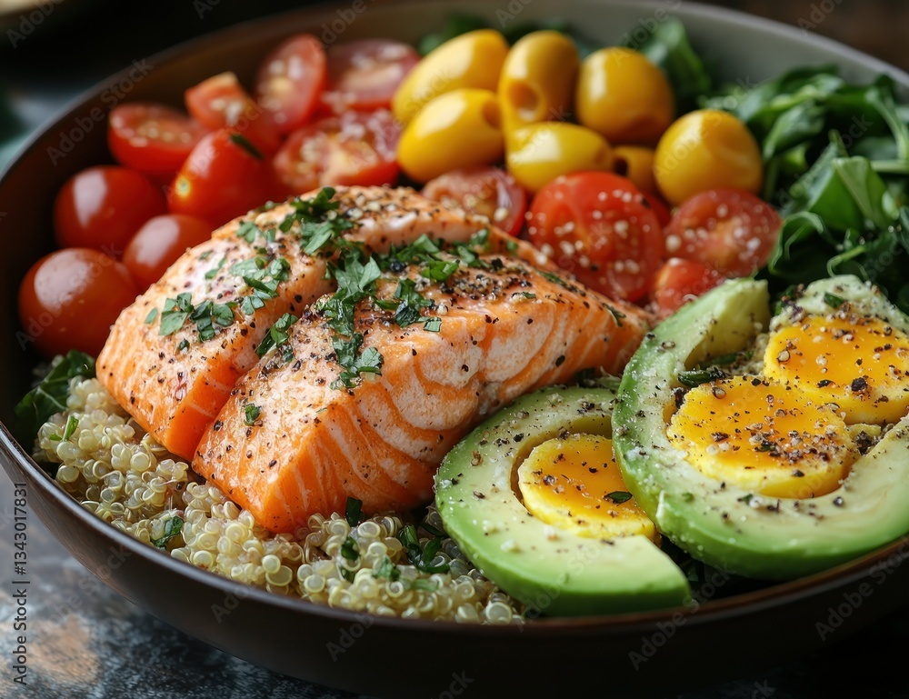 Salmon quinoa bowl with avocado, tomatoes, olives; healthy meal Salmon quinoa bowl with avocado, tomatoes, olives; healthy meal