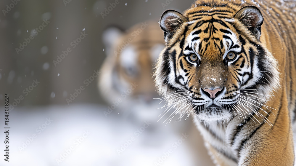majestic Siberian tiger stands alert in snowy winter landscape, its piercing eyes focused and fur dusted with snowflakes, while another tiger is visible in background majestic Siberian tiger stands alert in snowy winter landscape, its piercing eyes focused and fur dusted with snowflakes, while another tiger is visible in background
