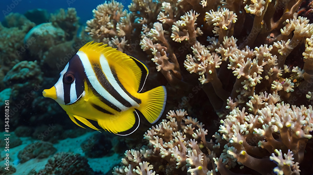 Fototapeta premium Swimming Yellow Longnose Butterflyfish Near Coral Reef in the Ocean