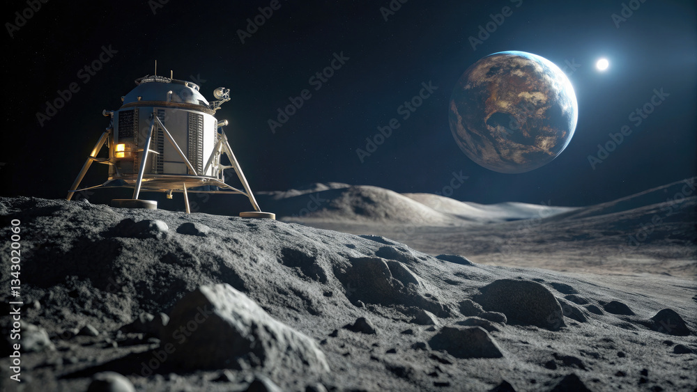 Obraz premium Futuristic moon lander on rocky lunar surface with Earth visible in dark sky, space exploration and lunar mission concept.
