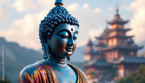 Serene Blue Buddha Statue Peaceful Asian Temple Background