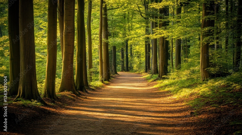 Naklejka premium Serene Sunlit Pathway Through Lush Green Forest in Early Morning