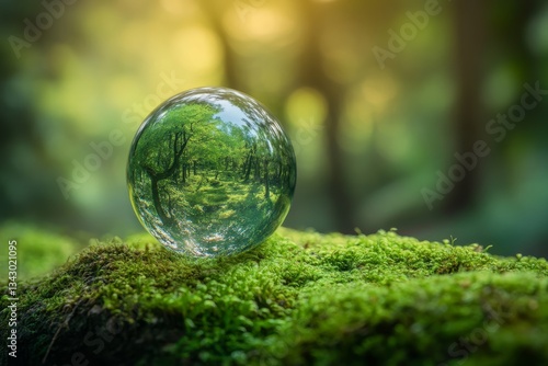 Glass globe placed on moss with close-up of leaves and green plants. Forest background