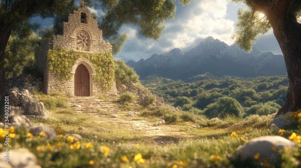 Fototapeta premium Rustic stone chapel nestled in a sun-drenched mountain valley. Lush greenery surrounds the ancient stone structure