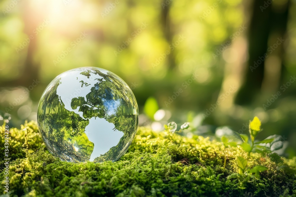 Glass globe placed on moss with close-up of leaves and green plants. Forest background Glass globe placed on moss with close-up of leaves and green plants. Forest background