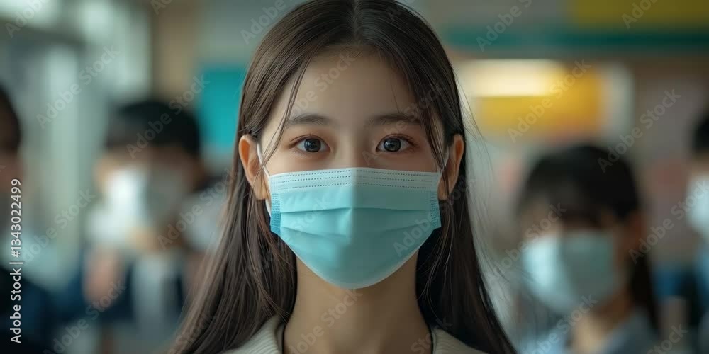 Young girl wearing a mask in a crowded indoor setting during a public health event in a school environment, focusing on safety measures amidst the pandemic Young girl wearing a mask in a crowded indoor setting during a public health event in a school environment, focusing on safety measures amidst the pandemic
