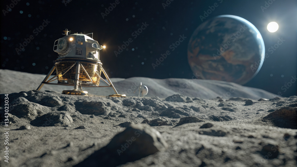 Obraz premium Futuristic moon lander on rocky lunar surface with Earth visible in dark sky, space exploration and lunar mission concept.