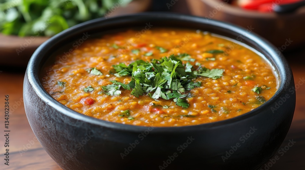 A hearty red lentil soup simmered in fragrant broth, studded with tender lentils, and garnished with fresh herbs. A hearty red lentil soup simmered in fragrant broth, studded with tender lentils, and garnished with fresh herbs.