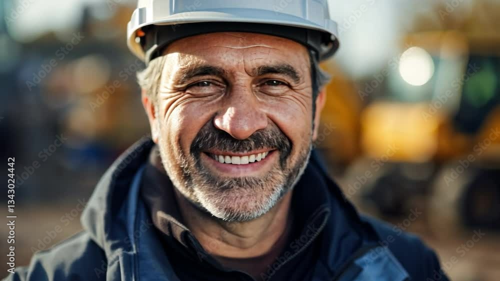 Smiling Construction Worker: A close-up portrait of a construction worker, radiating warmth and experience, donning a hardhat against the backdrop of a construction site. Smiling Construction Worker: A close-up portrait of a construction worker, radiating warmth and experience, donning a hardhat against the backdrop of a construction site.