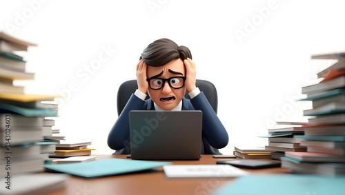 3D cartoon businessman sits at a desk, overwhelmed by paperwork flying around him. clutches his head, Headache, looking stressed. work stress