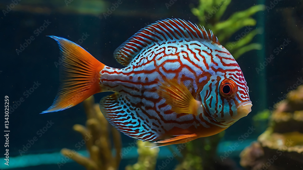 Swimming Discus Fish with Vibrant Pattern in Aquarium Close Up Swimming Discus Fish with Vibrant Pattern in Aquarium Close Up