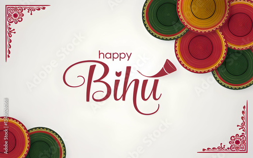 Elegant Bihu Festival Illustration with Colorful Jaapi Hats and Pepa Horn