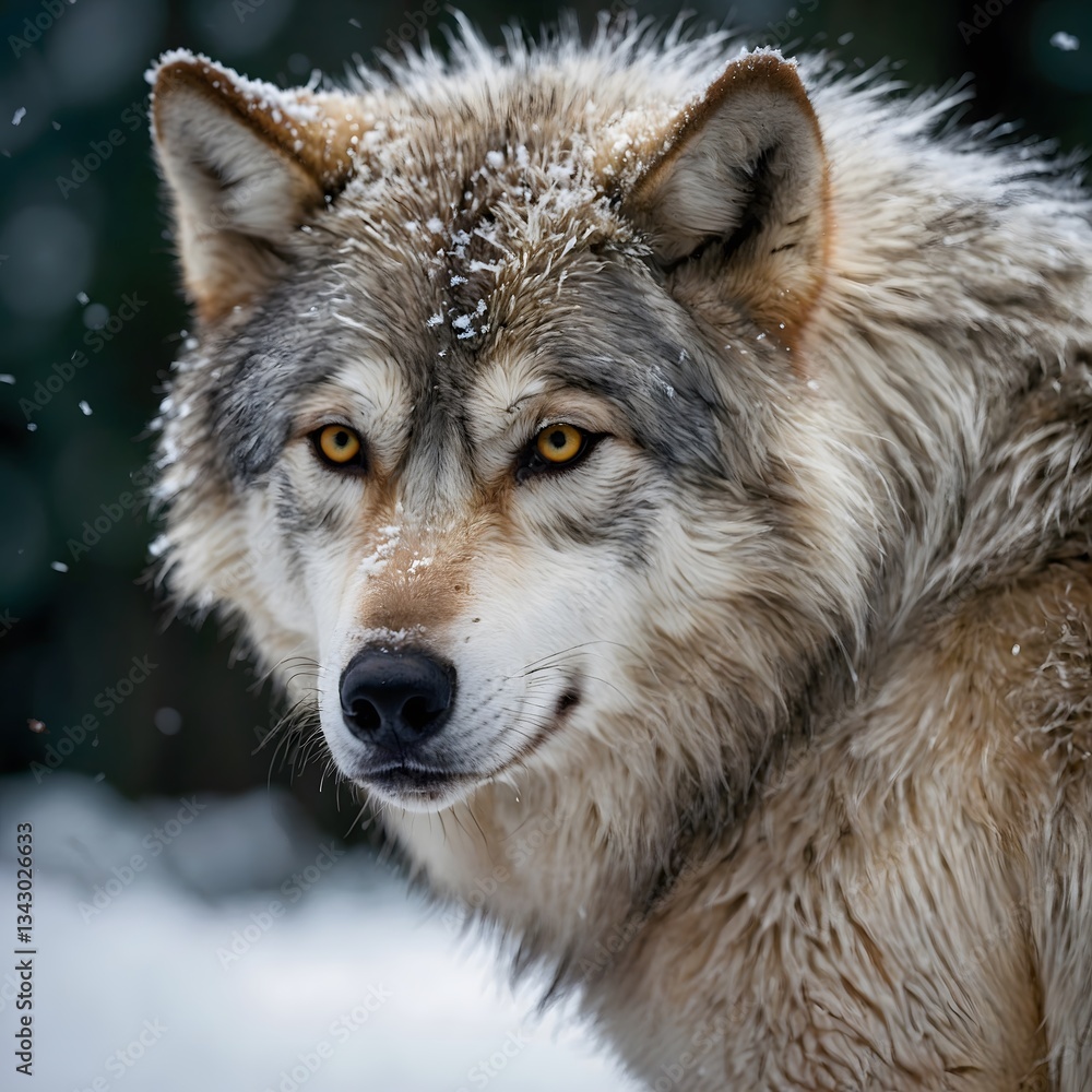 Intense Portrait of an Interior Alaskan Wolf with Bright Yellow Eyes Amidst the Snowy Forest Intense Portrait of an Interior Alaskan Wolf with Bright Yellow Eyes Amidst the Snowy Forest