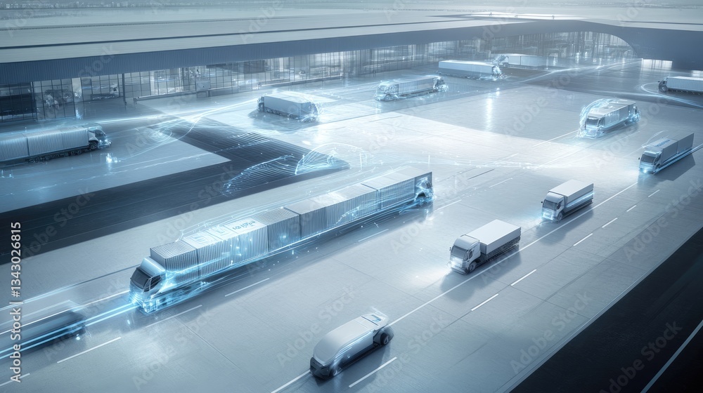 Fototapeta premium Smart logistics hub with automated robotic vehicles transporting cargo containers, integrating AI and IoT for efficient transportation technology.