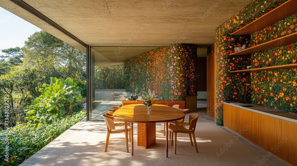 A dining area wall covered in wildflower-patterned tiles, blending rustic and contemporary design elements. A dining area wall covered in wildflower-patterned tiles, blending rustic and contemporary design elements.