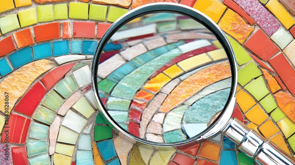 Fototapeta premium Magnifying glass on colorful mosaic detail, close-up
