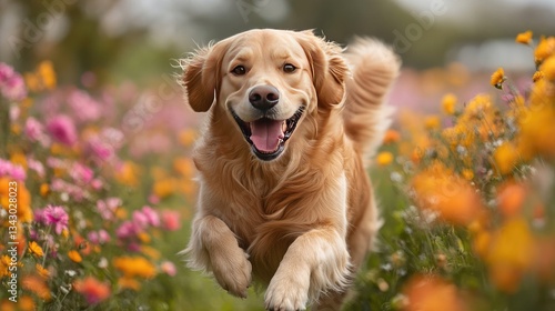 A vibrant garden with a joyful Golden Retriever frolicking, embodying pure happiness through dynamic movement and expressive eyes.