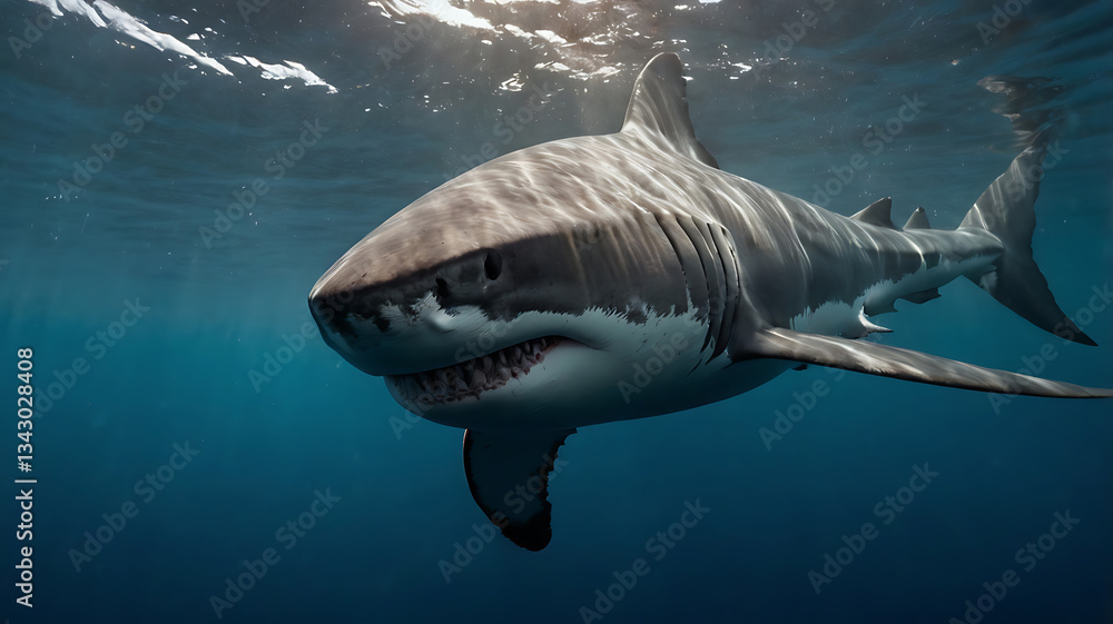 Fototapeta premium Great White Shark Swimming Underwater in Deep Blue Ocean Waters