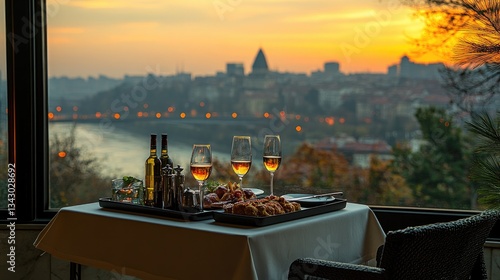 A fine dining experience is presented on a white linen tablecloth by a lavish room service cart, offering an extraordinary meal with a scenic city view.