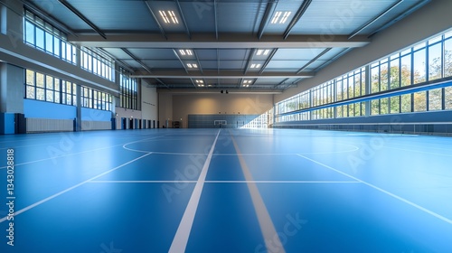 Indoor Sports Hall with Blue Floor and White Lines for Game Courts