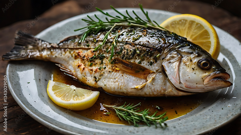 Grilled Fish with Lemon and Rosemary on a Plate Delicious Meal Grilled Fish with Lemon and Rosemary on a Plate Delicious Meal