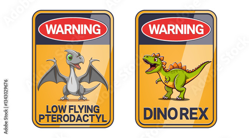 Vector set of information rectangular signs with warning. Cartoon ancient funny dinosaurs, rex and pterodactyl. Toon ancient predatory wild comical animals. Low flying. Inscription