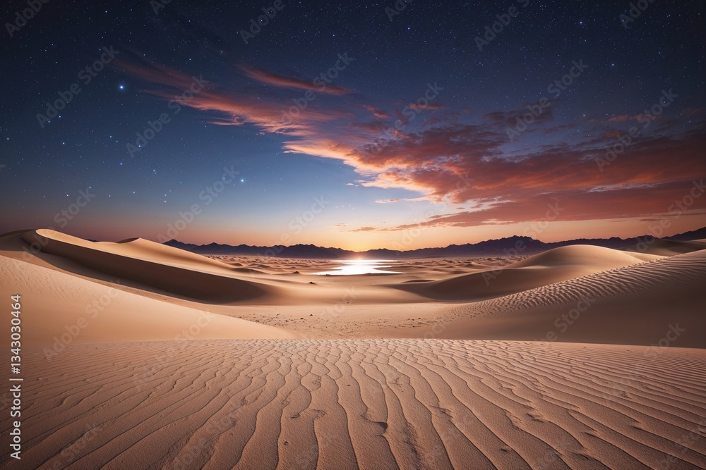 Naklejka premium Landscape view at desert in sunset time. Sand dunes during golden hour