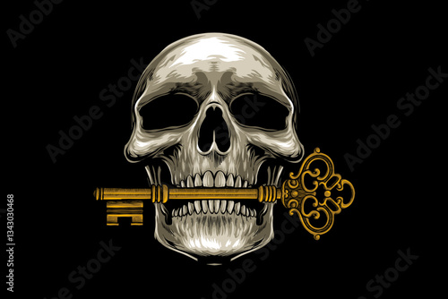 skull head illustration biting vintage key