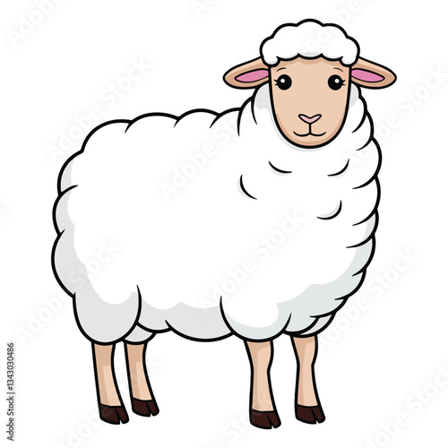 Sheep icon, female farm animal standing. Wool production symbol. Cute sheep isolated on a white background. Vector flat or cartoon illustration.