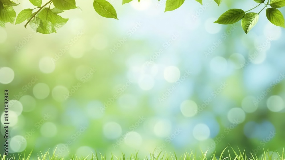 Naklejka premium green leafs in the top over blurred background, copy space for text