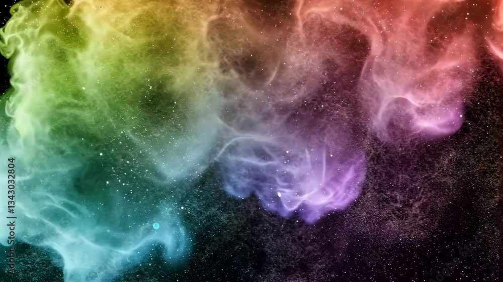 A vibrant cosmic cloud with rainbow hues and scattered stars against a dark space background view