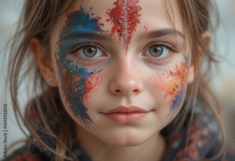 Fototapeta premium Young girl with colorful face paint at a festival celebration