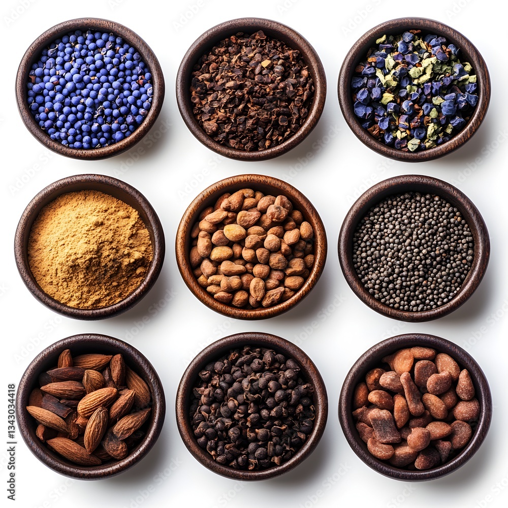 Nine small dark wooden bowls filled with various dried spices and nuts are arranged in a grid on a white background. Nine small dark wooden bowls filled with various dried spices and nuts are arranged in a grid on a white background.