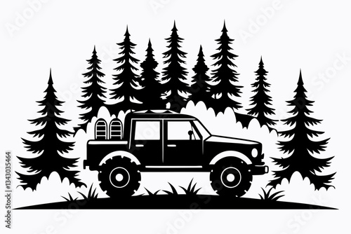an off road car pine trees line art silhouette vector illustration
