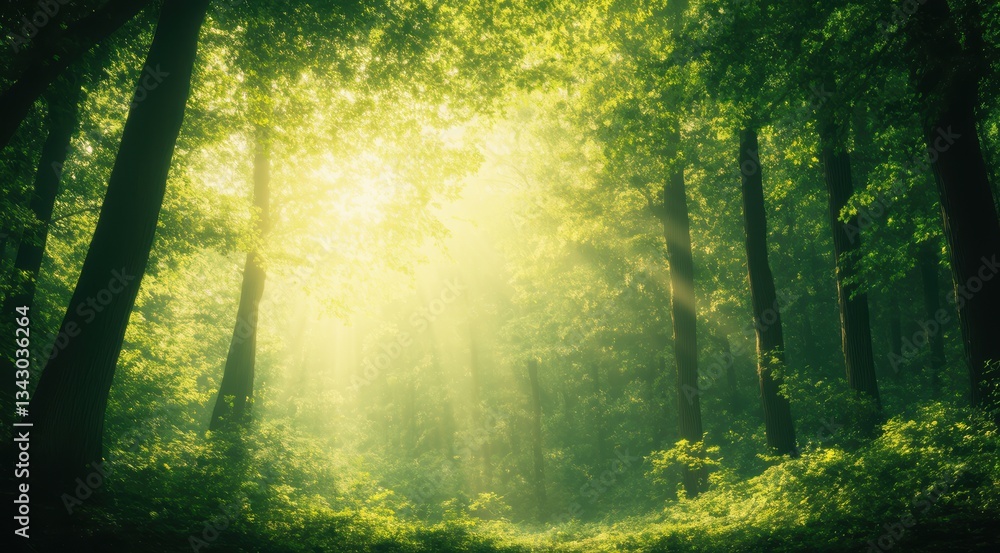 Obraz premium A serene forest scene with sunlight filtering through trees.