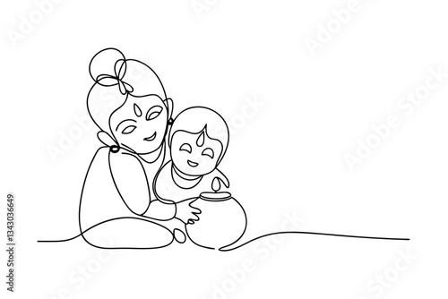 SingleLine Drawing of Yashoda and Baby Krishna with Pot