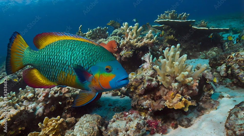 Obraz premium Colorful Parrotfish Swimming Near Coral Reefs in Ocean Water