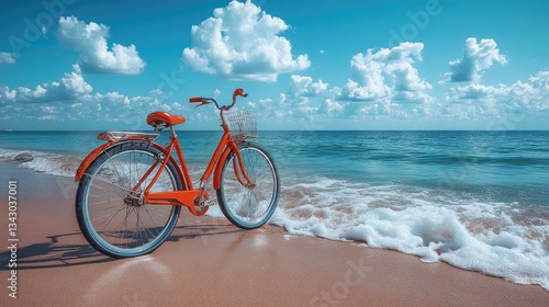 On a sandy beach, a sturdy red bike rests with gentle ocean waves framing the scene.