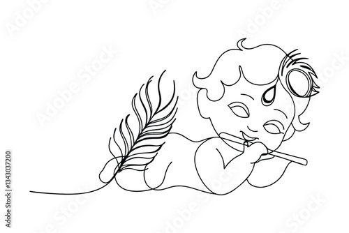 baby krishna playing flute, black line art clip art preview
