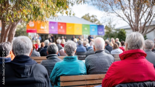 Wallpaper Mural An outdoor scene featuring a group of advocates speaking at a community event, with an attentive audience in the background. The image portrays a vibrant and engaging atmosphere, with colorful Torontodigital.ca