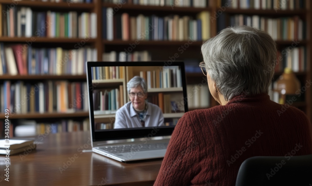 Elderly Woman Video Conferencing in Library Setting Elderly Woman Video Conferencing in Library Setting