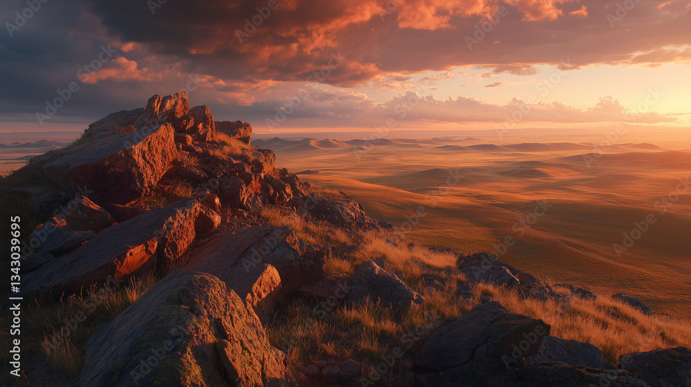 Obraz premium sunset over the mountains,panorama landscape with sun and rocky and desert at sunrise or sunset,for banner wallpaper cover poster,backdrop design with copy space