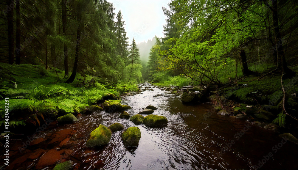 Crystal Clear Stream in a Misty Evergreen Forest, beauty of natural landscape Crystal Clear Stream in a Misty Evergreen Forest, beauty of natural landscape